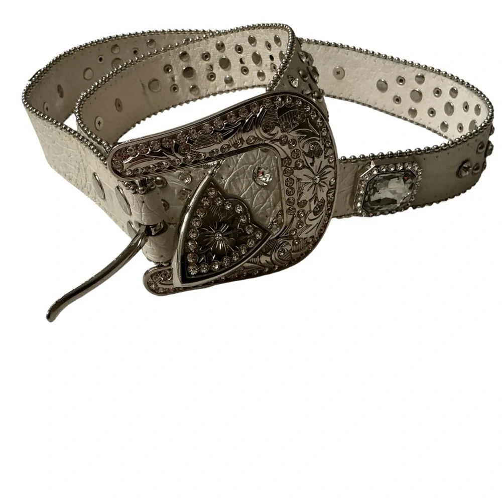Western rhinestone studded belt cowgirl rodeo pageant bling buckle white large